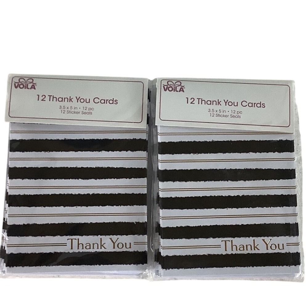 2 Pack Voila Thank You Cards 24 Count Black White Stripe Gold Accents 3.5x5in